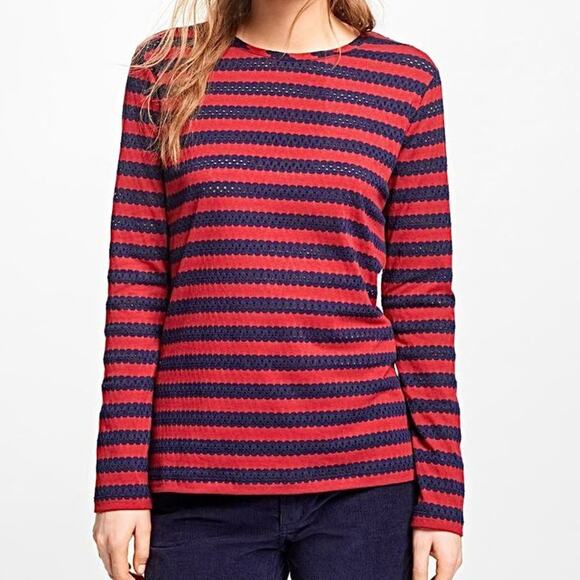 Brooks Brothers Open Eyelet Lace Stripped Top Red Long Sleeve Size S - Picture 1 of 8